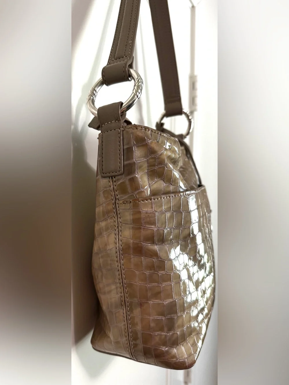 Brighton Cherie Croc Embossed Patent Leather Shoulder Bag Taupe